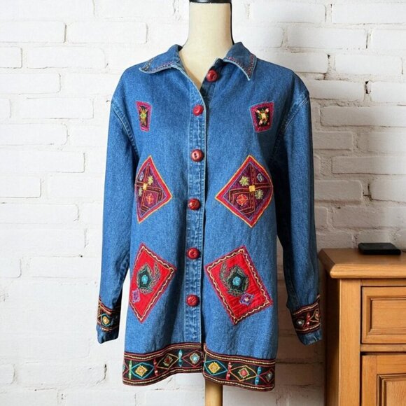 Life Style Y2K Embroidered Patchwork Denim Jean Button Down Shacket Jacket Shirt - Picture 1 of 10